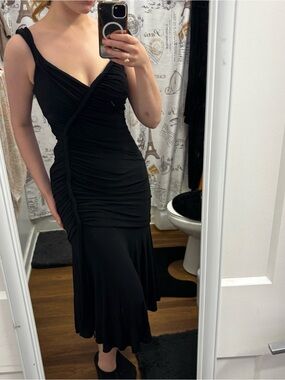 Black Ruched V-Neck Midi Dress with Flared Hem